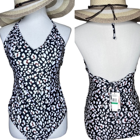 Jessica Simpson Estilo Black White Print Halter Neck One Piece Swimsuit L NWT - Picture 1 of 13